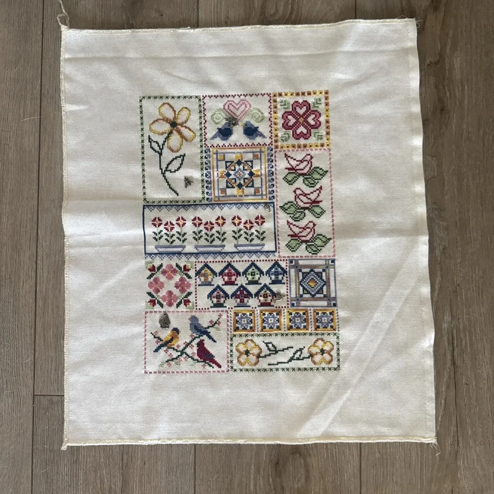 Vtg Completed Cross Stitch Quilt Style 13x9 Granny Core Bird House Floral